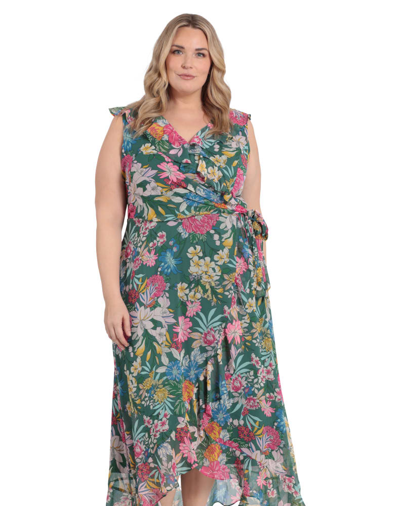 Front of a model wearing a size 18W Floral side tie ruffle wrap maxi dress in Green/Pink by London Times. | dia_product_style_image_id:268644